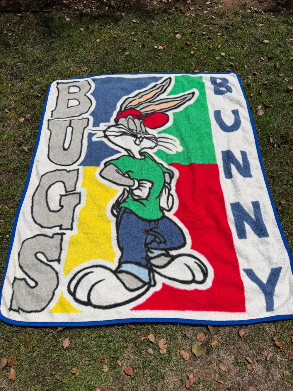 Vintage Bugs Bunny Colorblock Spellout Plush Blanket 90s Hip Hop 50x62 GUC